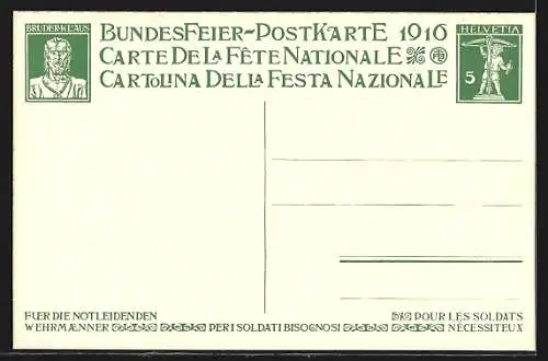 Ganzsache-AK Schweizer Bundesfeier 1916, Nackte Jungen mit Schweizer Fahne und Palmenwedel