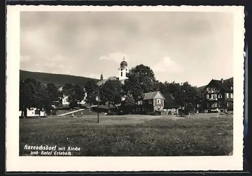 AK Harrachsdorf /Riesengebirge, Ortspartie mit Kirche und Hotel Erlebach