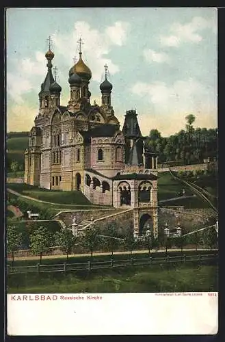 AK Karlsbad, Russische Kirche mit Treppenaufgang