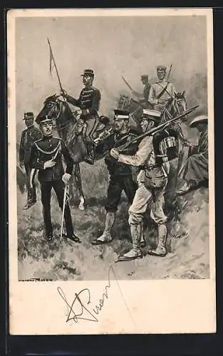 AK Japanische Soldaten und Kavallerie in Uniform mit Gewehr