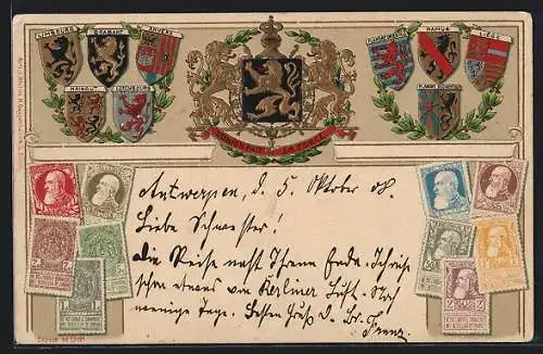 Präge-AK Briefmarken und Wappen von Belgien