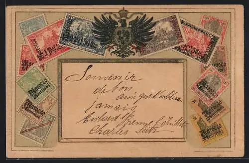 Präge-AK Briefmarken aus Marocco, Deutscher Reichsadler