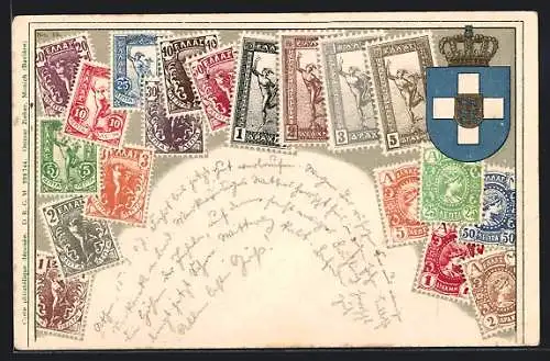 Präge-AK Briefmarken und Wappen von Griechenland