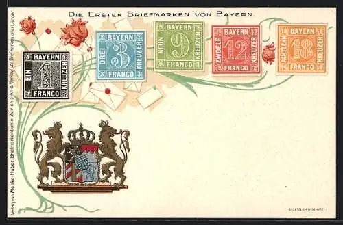AK Briefmarken von Bayern, Wappen mit Löwen, Rosen
