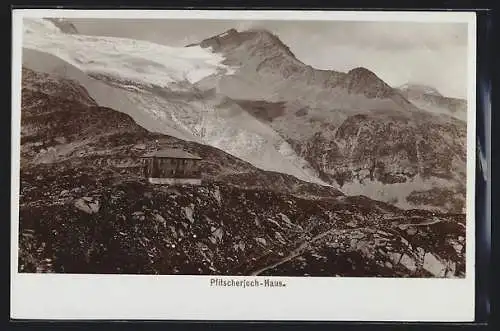 Foto-AK Fritz Gratl: Pfitscherjoch-Haus gegen Berge und Gletscher