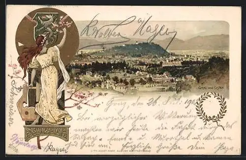 Lithographie Graz, 6. Sängerbundesfest, Teilansicht von Osten, Frau mit Harfe und Wappen