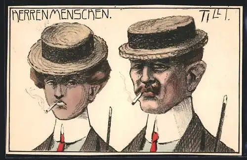 Künstler-AK Herrenmenschen, Rauchendes Paar mit missmutiger Miene, Karikatur