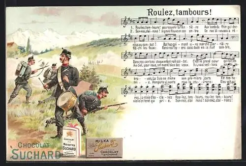 AK Soldaten mit Gewehren und Trommel, Roulez tambours!, Lied mit Noten, Reklame für Chocolat Suchard