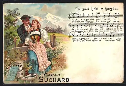 AK Kakao Suchard, Lied Die zwei Liebi im Aargäu, Liebespaar in landestypischer Tracht