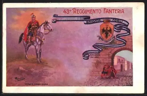 Künstler-AK 43 Reggimento Fanteria, Brigata Forli, Italienisches Infanterie-Regiment, Römischer Kavallerist