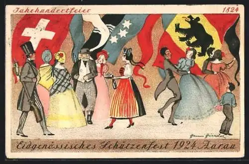 Künstler-AK Aarau, Jahrhundertfeier & Eidgenössisches Schützenfest 1924, Tanzpaare und Flaggen