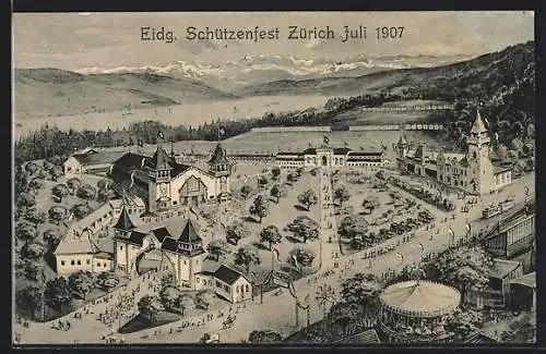 AK Zürich, Eidgenössisches Schützenfest 1907, Festplatz aus der Vogelschau