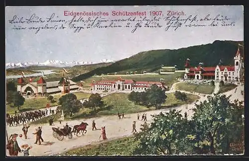 AK Zürich, Eidgenössisches Schützenfest 1907, An der Festhalle, Schützenverein