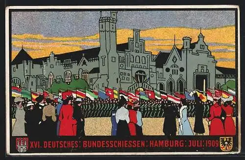 AK Hamburg, XVI. Dt. Bundesschiessen 1909, Festzug der Schützen, Schützenverein