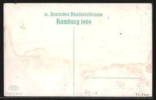 Künstler-AK Hamburg, 16. Deutsches Bundesschiessen 1909, Festgesellschaft und Auto, Schützenverein