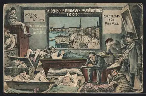 AK Hamburg, 16. Deutsches Bundesschiessen 1909, Wohungsnot während des Festes, Jungfernstieg bei Nacht