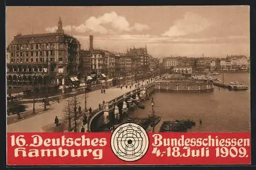 AK Hamburg, 16. Deutsches Bundesschiessen 1909, Ortsansicht mit Hafen