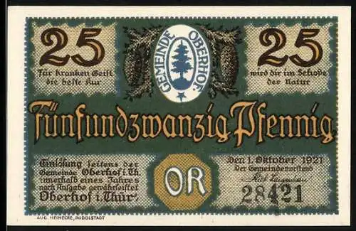 Notgeld Oberhof in Thüringen 1921, 25 Pfennig, Wappen und Bobsleigh in der Kurve