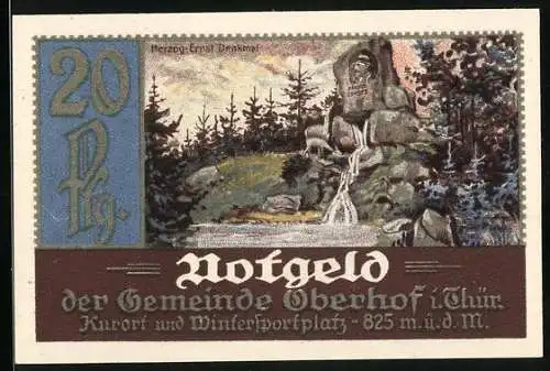 Notgeld Oberhof in Thüringen 1921, 20 Pfennig, Herzog-Ernst-Denkmal undWappen
