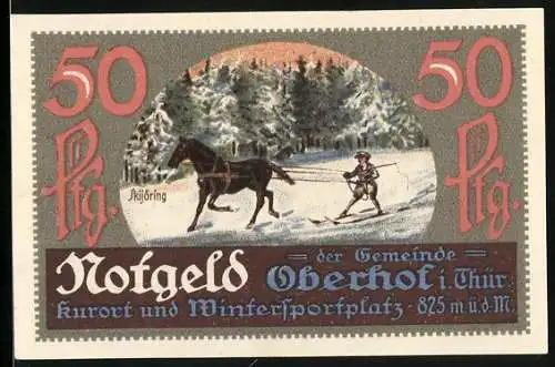 Notgeld Oberhof in Thüringen 1921, 50 Pfennig, Skijöring und Wappen