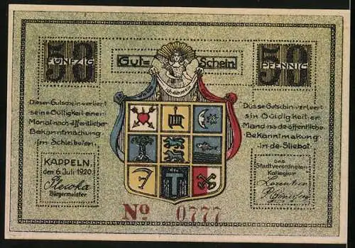Notgeld Kappeln 1920, 50 Pfennig, Ortsansicht und Wappen