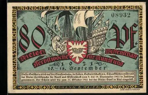 Notgeld Kiel 1921, 80 Pfennig, Festwoche für Kunst und Wissenschaft, der Kieler Umschlag