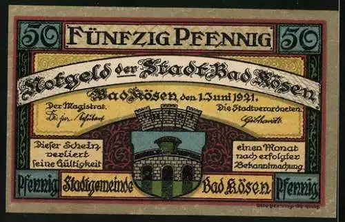 Notgeld Bad Kösen 1921, 50 Pfennig, Ortsansicht und Wappen