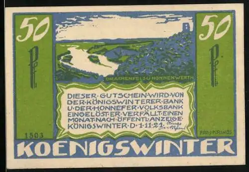 Notgeld Königswinter 1921, 50 Pfennig, Spruch von G. Schmitt, Drachenfels und Nonnenwerth