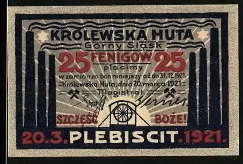 Notgeld Königshütte in Ober-Schlesien 1921, 25 Pfennig, Aufzug im Bergbau