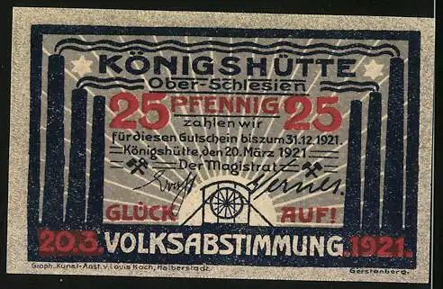 Notgeld Königshütte in Ober-Schlesien 1921, 25 Pfennig, Aufzug im Bergbau