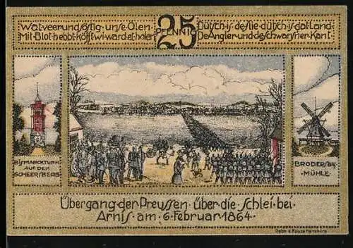 Notgeld Kappeln 1920, 25 Pfennig, Übergang der Preussen über die Schlei bei Arnis 1864 und Wappen