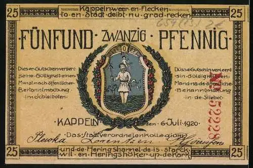 Notgeld Kappeln 1920, 25 Pfennig, Übergang der Preussen über die Schlei bei Arnis 1864 und Wappen