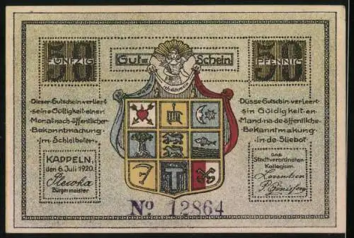 Notgeld Kappeln 1920, 50 Pfennig, Ortsansicht und Wappen