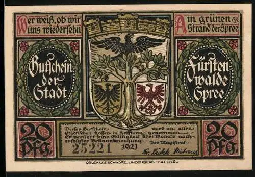 Notgeld Fürstenwalde /Spree 1921, 20 Pfennig, Wappen und Verkkündigung der Gründungsurkunde