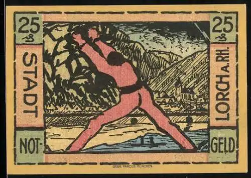 Notgeld Lorch am Rhein 1921, 25 Pfennig, nackter Mann it Blick auf die Stadt und Wappen
