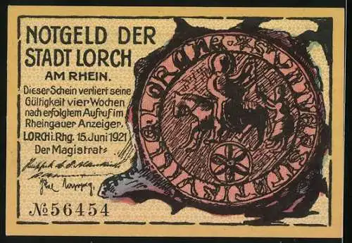 Notgeld Lorch am Rhein 1921, 25 Pfennig, nackter Mann it Blick auf die Stadt und Wappen