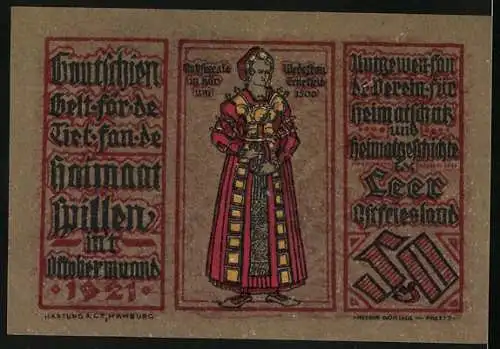 Notgeld Leer in Ostfriesland 1921, 50 Pfennig, Kirche und Frau in Tracht