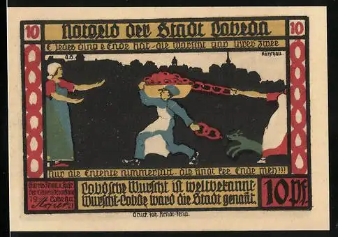 Notgeld Lobeda 1921, 10 Pfennig, Fleischer mit Wurst und Burg