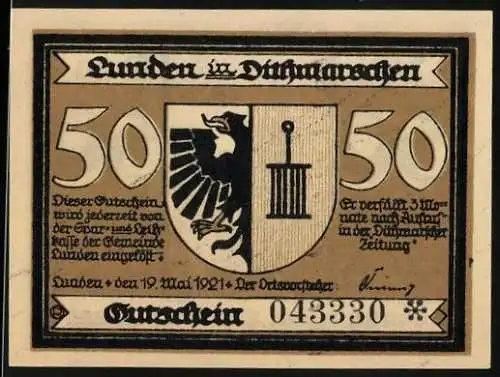 Notgeld Lunden in Dithmarschen 1921, 50 Pfennig, Wappen und Kirche