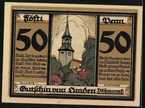 Notgeld Lunden in Dithmarschen 1921, 50 Pfennig, Wappen und Kirche