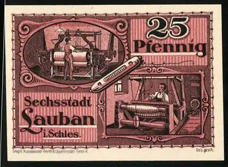 Notgeld Lauban in Schlesien 1920, 25 Pfennig, Arbeiter an Maschinen und Rathaus