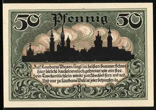 Notgeld Lauban i. Schlesien 1920, 50 Pfennig, Ortsansicht und Wappen