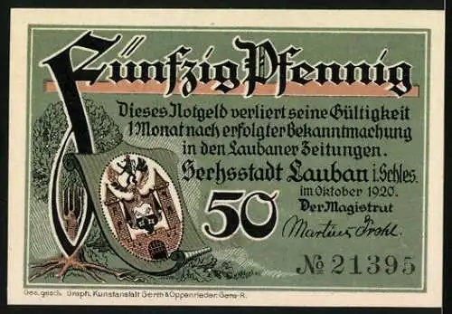 Notgeld Lauban i. Schlesien 1920, 50 Pfennig, Ortsansicht und Wappen