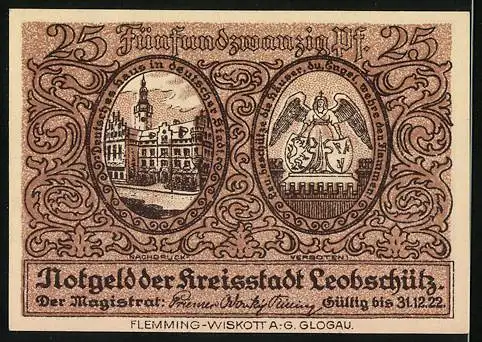 Notgeld Leobschütz 1922, 25 Pfennig, Frauen vertreiben Polen und Tschechen, Wappen