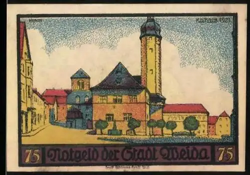 Notgeld Weida 1921, 75 Pfennig, Rathaus und Wappen