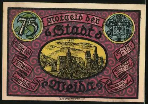 Notgeld Weida 1921, 75 Pfennig, Rathaus und Wappen