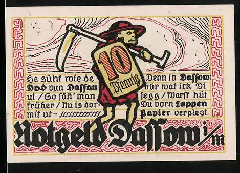 Notgeld Dassow i. M. 1922, 10 Pfennig, Bauer mit Sense und Kirche