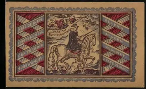 Notgeld Oldenburg 1921, 50 Pfennig, Graf Anton Günther zu Pferde und Wappen