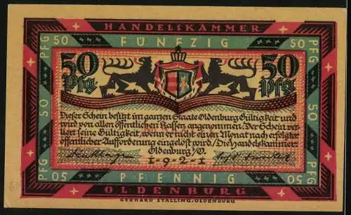 Notgeld Oldenburg 1921, 50 Pfennig, Graf Anton Günther zu Pferde und Wappen