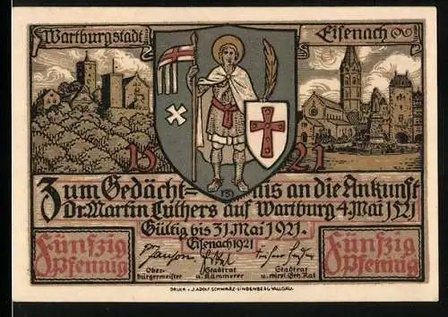 Notgeld Eisenach 1921, 50 Pfennig, Wappen mit Wartburg, Stadtansicht